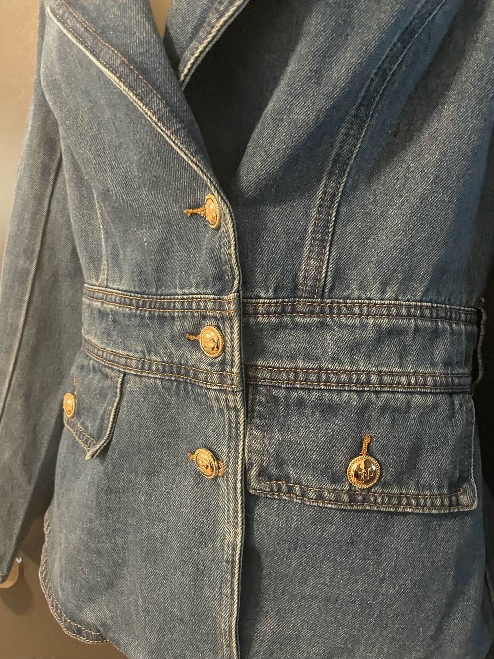 Tailored Denim Peplum Jacket Gold Button Hourglass Blazer Size S - Picture 5 of 9